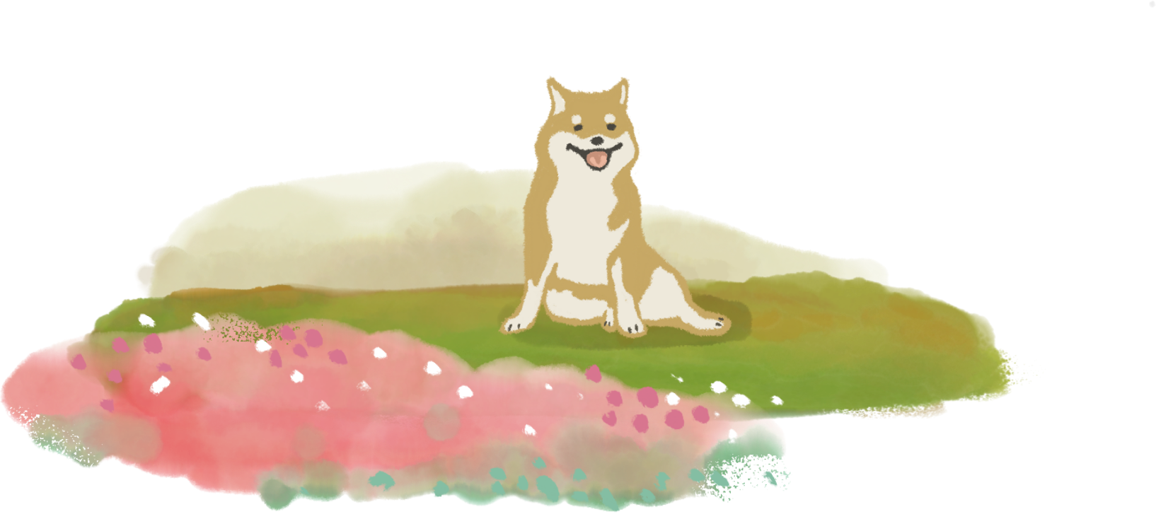 福ちゃんとピンクのお花イラスト